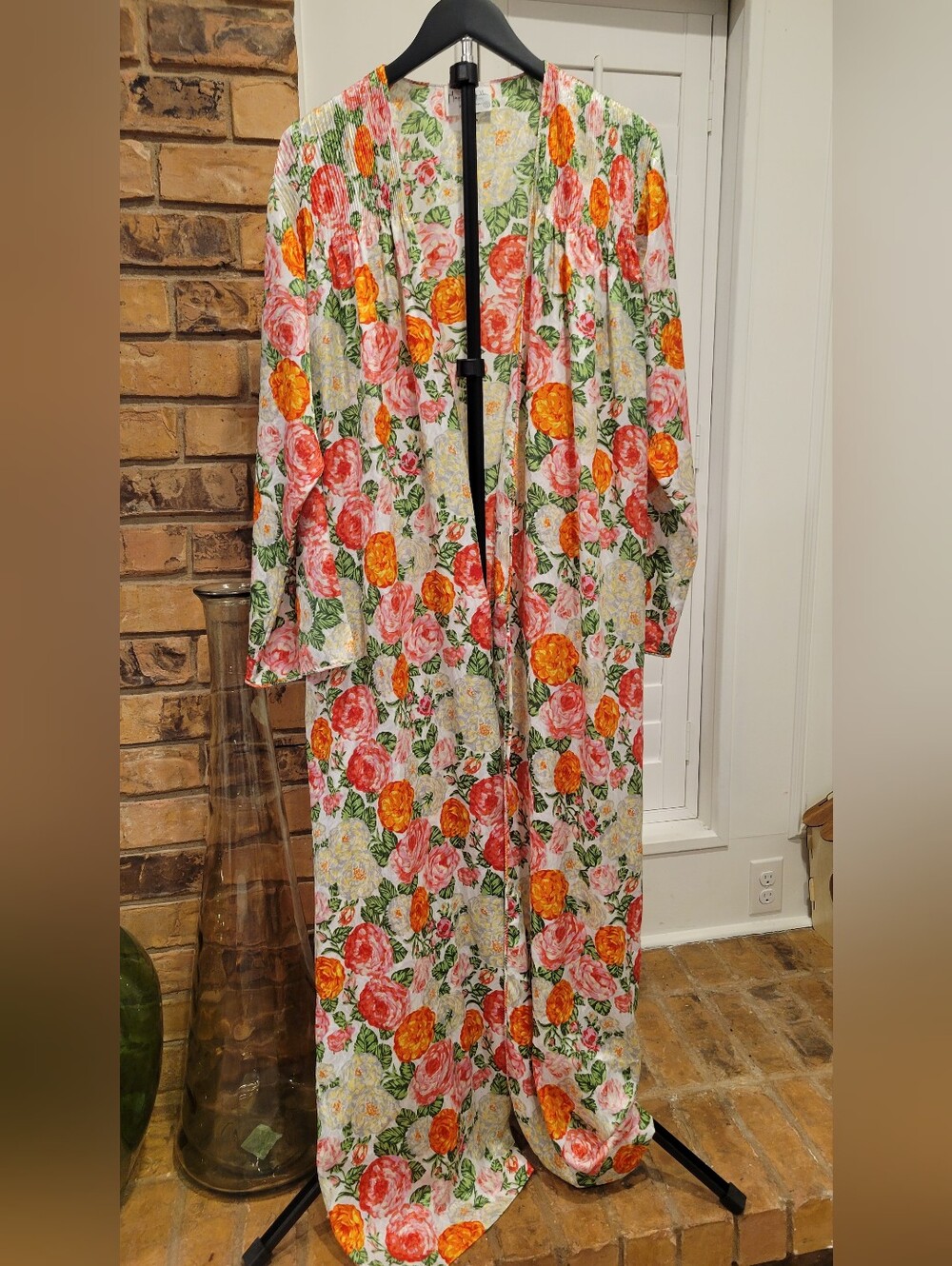 Vintage Mary McFadden Floral Maxi Dress in Pink, Orange & Green